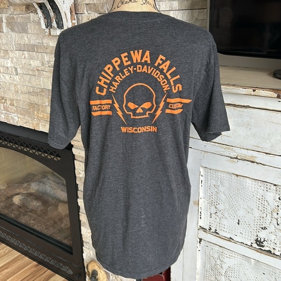 Harley Davidson Chippewa Falls WI gray and orange crew neck t-shirt - Picture 7 of 15